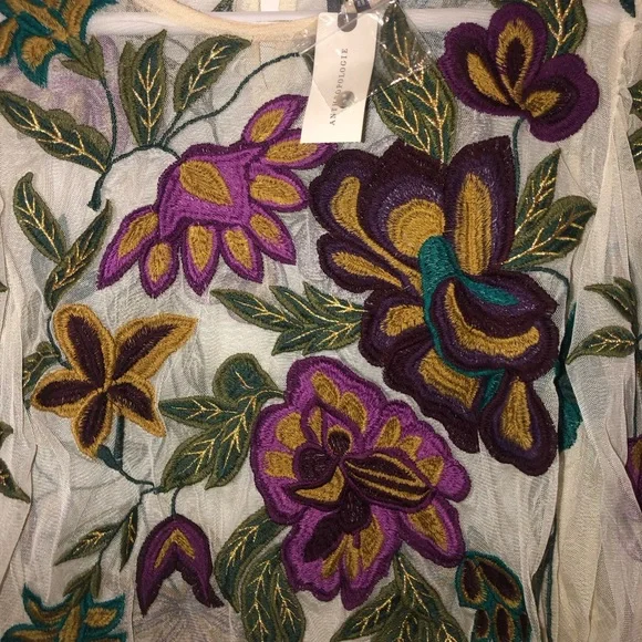 New Anthropologie The Layla Long-Sleeve Applique Embroidered Mesh Blouse sz M - Picture 6 of 8